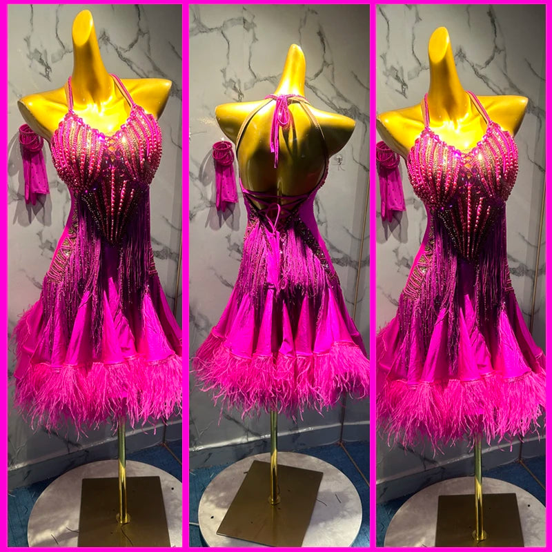 Women's Fuchsia Sequin Fringe Feather Latin Dance Dress with Halter Neck and Lace-Up Back
