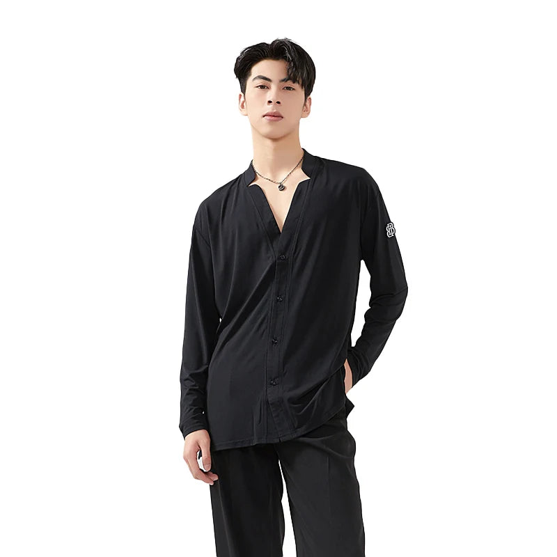 Men's Black Loose Fit V-Neck Long Sleeve Shirt for Ballroom Dance