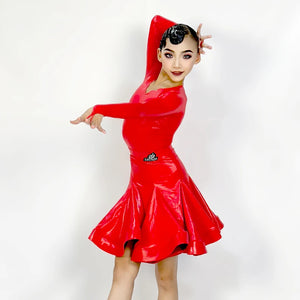 Girls' Latin Dance Dress, Patent Leather, Long Sleeve, V-Neck, Ballroom & Latin Dance