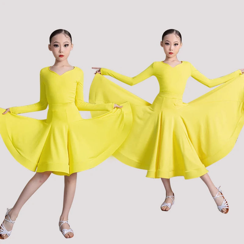 Girls' Navy Blue Long Sleeve V-Neck Ballroom Latin Dance Dress with Finger Loops