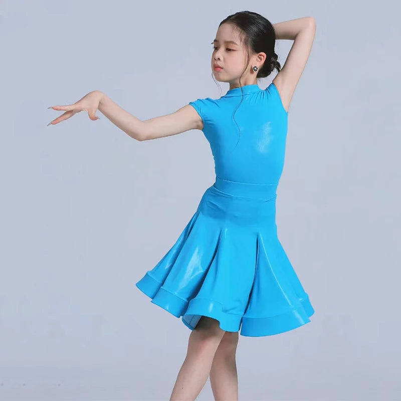 Kids Girls Latin Dance Dress, Short Sleeve Shiny Pleated Skirt Ballroom Salsa Rumba Dancewear