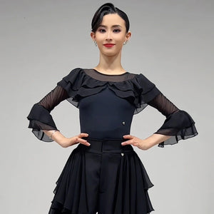 Women's Black Ruffled Mesh Long Sleeve Latin Ballroom Dance Top & Pants Set