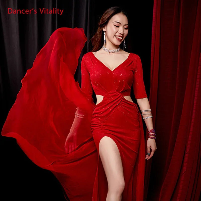 Women's Red Sequin Velvet Cutout Ruched Slit Belly Dance Dress with Flowing Scarf