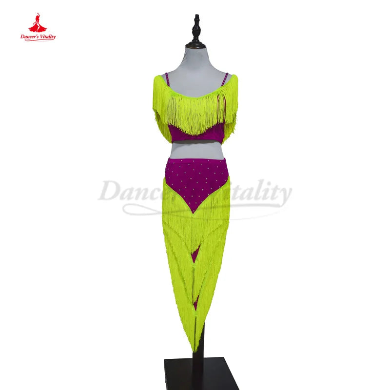 Latin Dance Dress Women's Neon Yellow & Magenta Fringe Performance Set - Rumba Samba Cha Cha