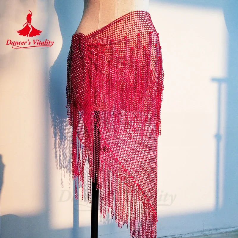 Belly Dance Hip Scarf, Women's Teal Blue Sequin Fringe Mesh Skirt, Latin Dance Hip Wrap