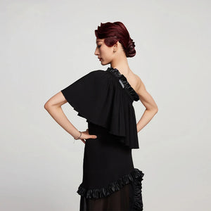 Women's Black One-Shoulder Ruffle Chiffon Tiered Latin Ballroom Dance Dress