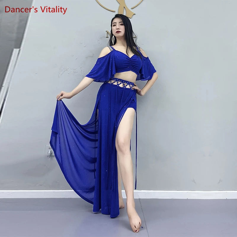 Belly Dance Costume Women Purple V-Neck Off-Shoulder Crop Top and Slit Skirt Set with Rhinestone Detail