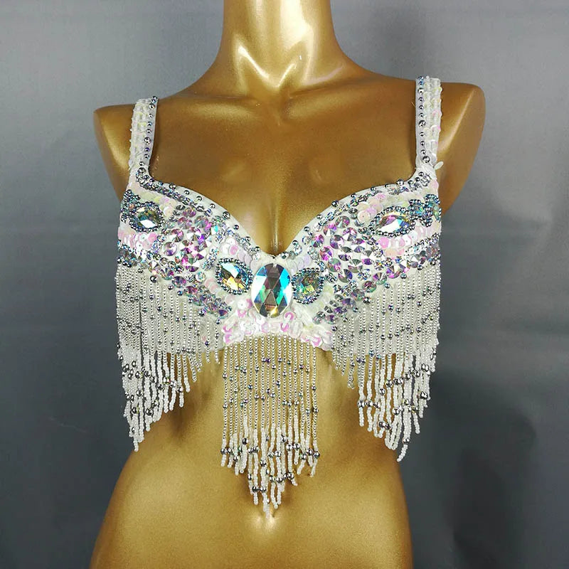 Women's Black Sequin Beaded Fringe Belly Dance Bra Top