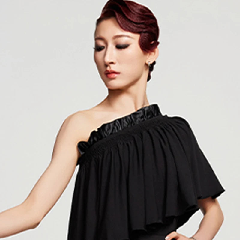 Women's Black One-Shoulder Ruffle Chiffon Tiered Latin Ballroom Dance Dress