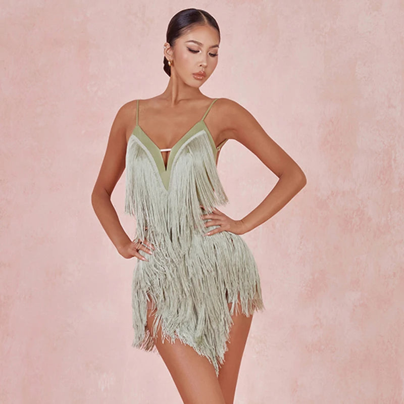 Women's Aqua, Red, Sage Green, Black Fringe V-Neck Spaghetti Strap Latin Salsa Dance Dress