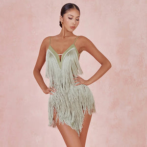 Women's Aqua, Red, Sage Green, Black Fringe V-Neck Spaghetti Strap Latin Salsa Dance Dress