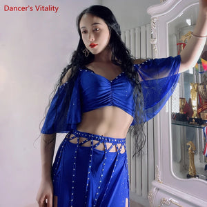 Belly Dance Costume Women Purple V-Neck Off-Shoulder Crop Top and Slit Skirt Set with Rhinestone Detail