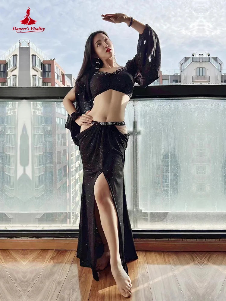 Women's Yellow Chiffon Long Sleeve Crop Top & Slit Skirt Belly Dance Costume