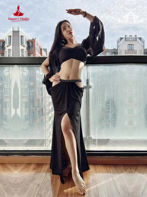 Women's Yellow Chiffon Long Sleeve Crop Top & Slit Skirt Belly Dance Costume