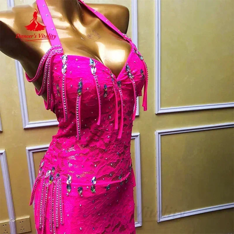 Women's Hot Pink Lace Halter Neck Rumba Latin Dance Dress with Slit & Fringe Detail