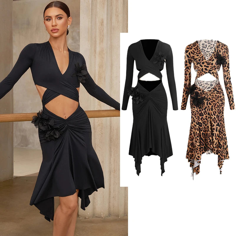 Women's Black & Leopard Print Long Sleeve Cutout Floral Applique Asymmetrical Hem Latin Dance Dress