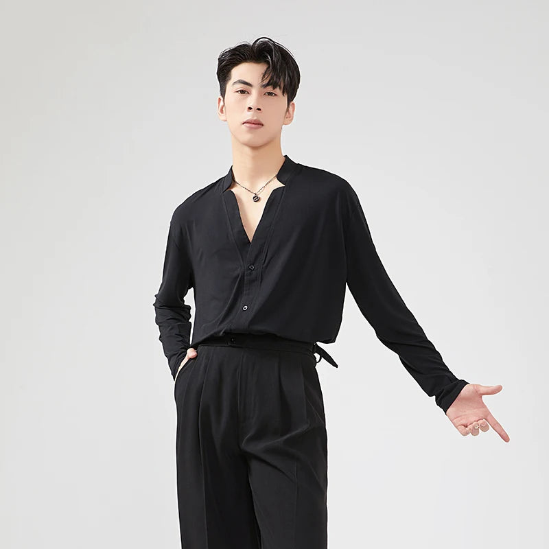 Men's Black Loose Fit V-Neck Long Sleeve Shirt for Ballroom Dance
