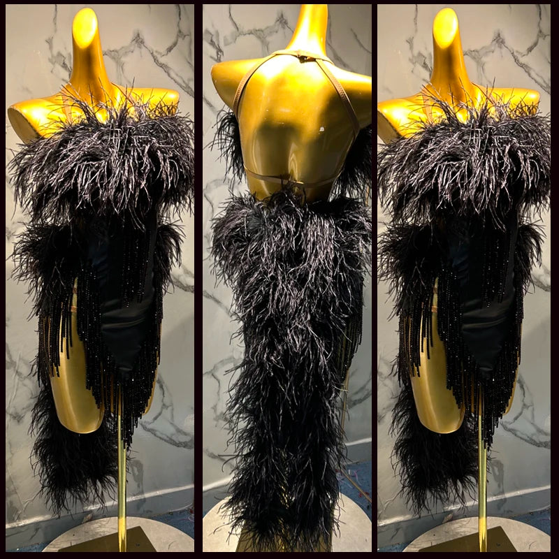 Latin Dance Dress Women's Black Feather Beaded Fringe Rhinestone Strapless Backless Bodycon Mini Dress