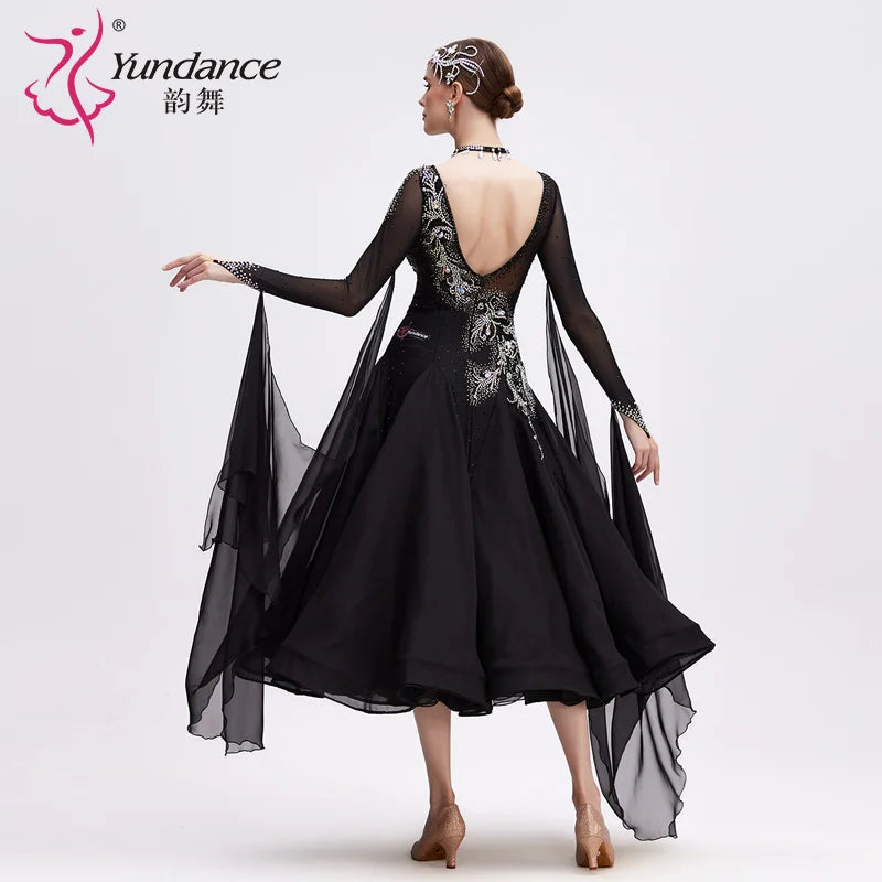 Women's Standard Ballroom Dance Dress Long Black Chiffon For Competition