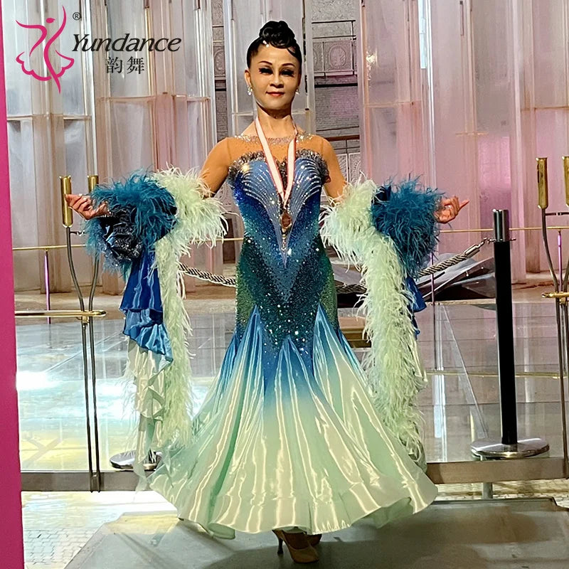 Women's Competition Ballroom Dance Dress With Feather Trim For Performance