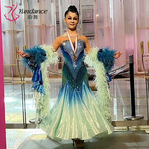Women's Competition Ballroom Dance Dress With Feather Trim For Performance