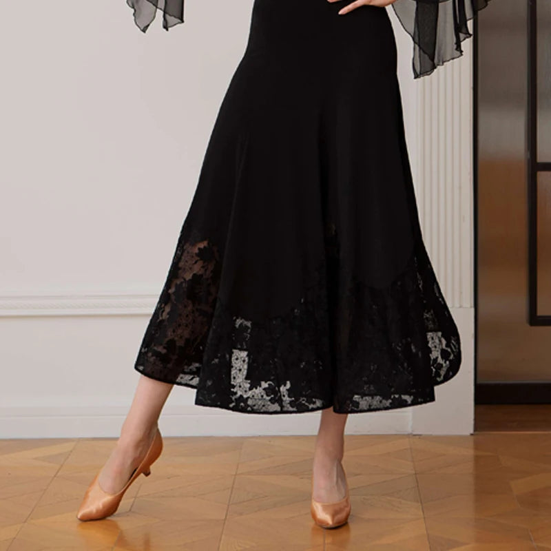 Women's Black Cold Shoulder Mesh Sleeve Lace Hem Ballroom Dance Dress