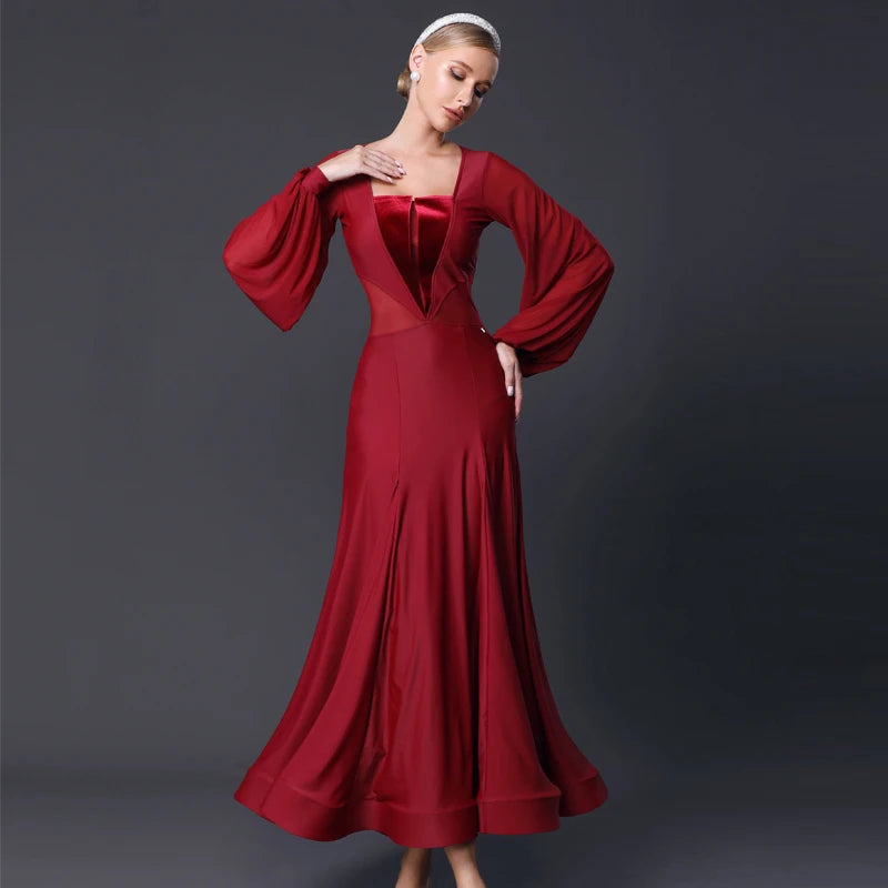 Women's Red & Black Ballroom Dance Dress with Mesh Sleeves & Velvet Bodice