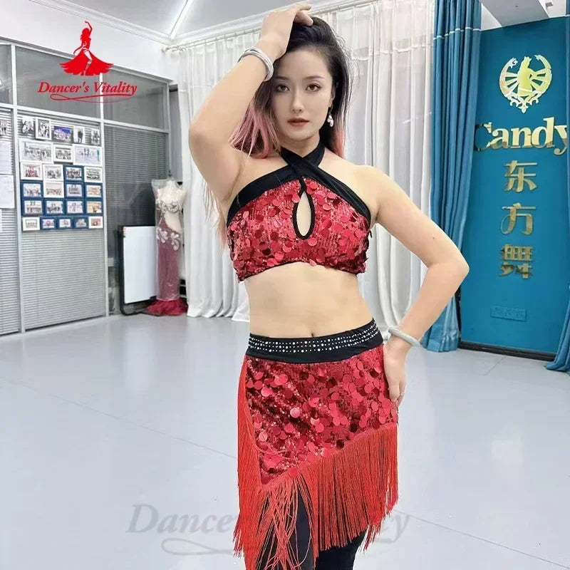 Belly Dance Costume Set 2-Piece Sleeveless Top With Sequin Fringe Pants For Women And Girls Practice