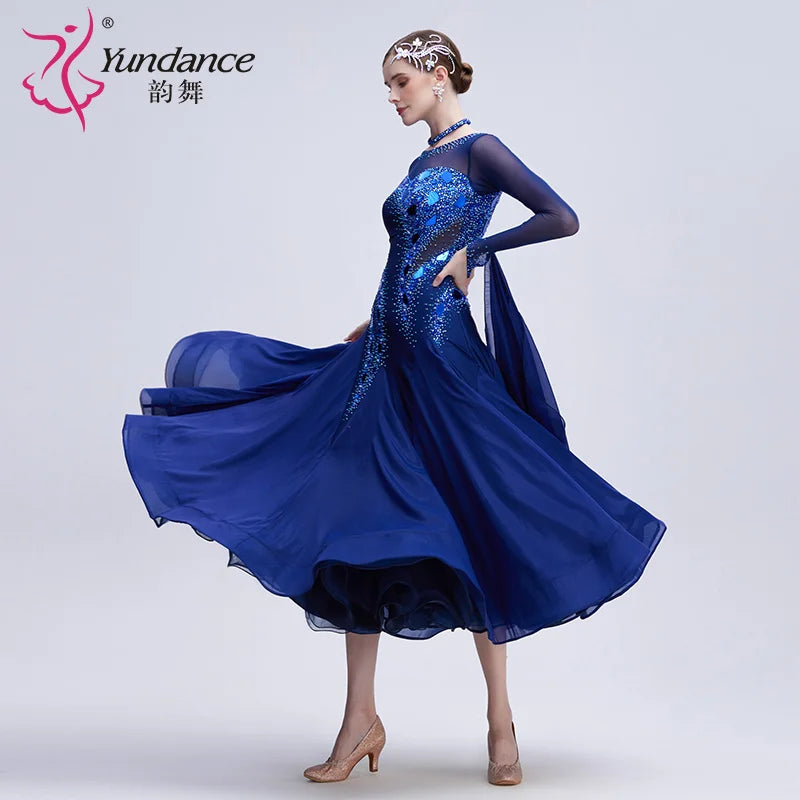 Adult Standard Ballroom Dance Dress Rhinestone Embellished Chiffon Long Gown For Performance