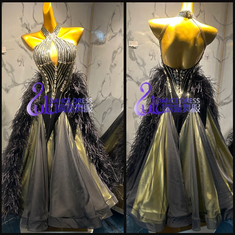 Ballroom Dance Dress Women's Black and Gold Halter Neck Rhinestone Ostrich Feather Standard Ballroom Gown
