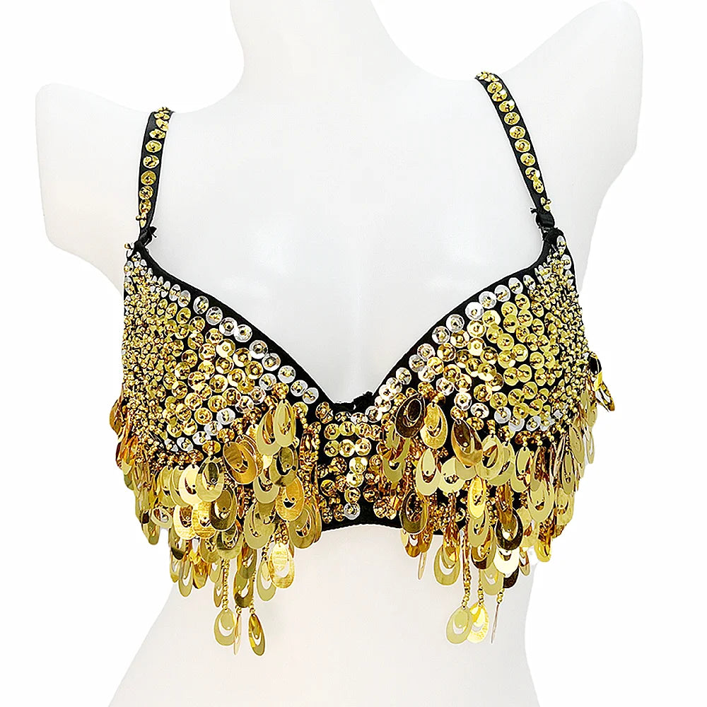 Belly Dance Bra Top, Women's Sequin & Bead Embellished Fringe Costume Top, Multiple Colors Available