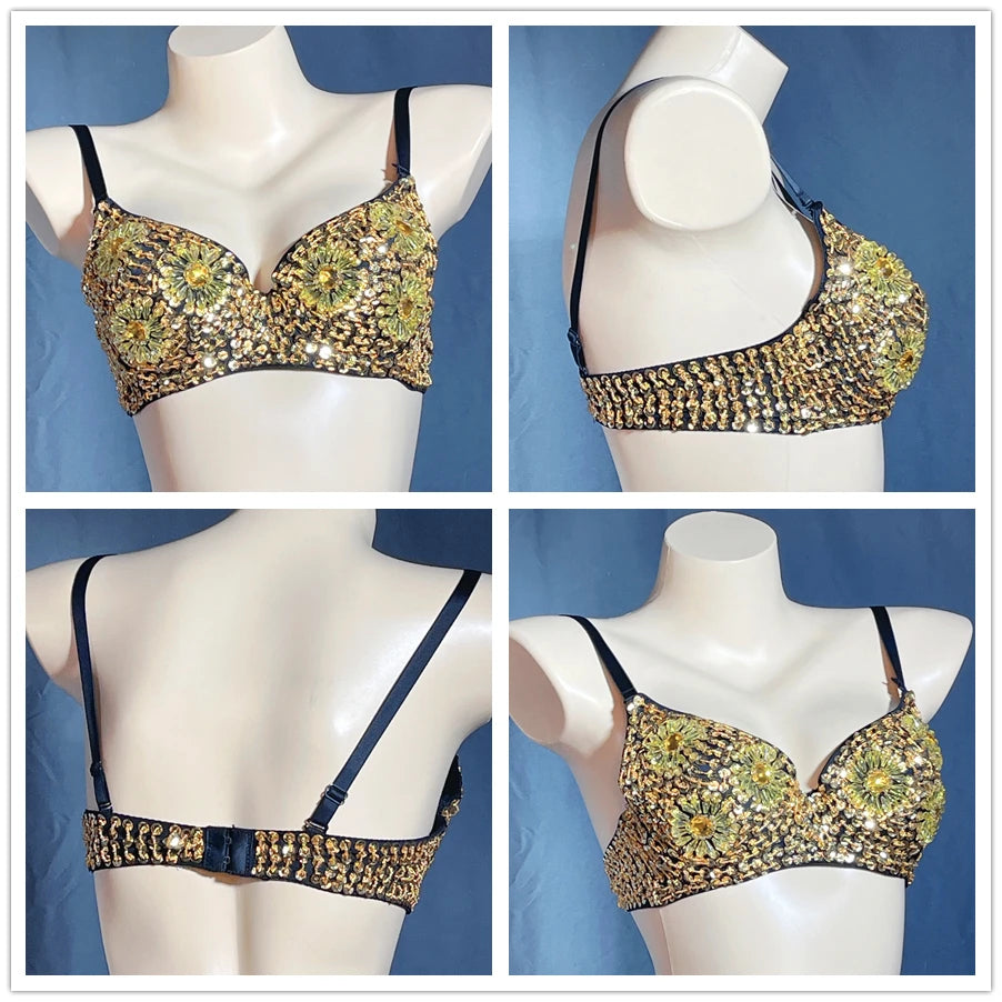 Sequin Beaded Dance Bra Top, Women's, Pink, Blue, Purple, Black, Embellished, Belly Dance