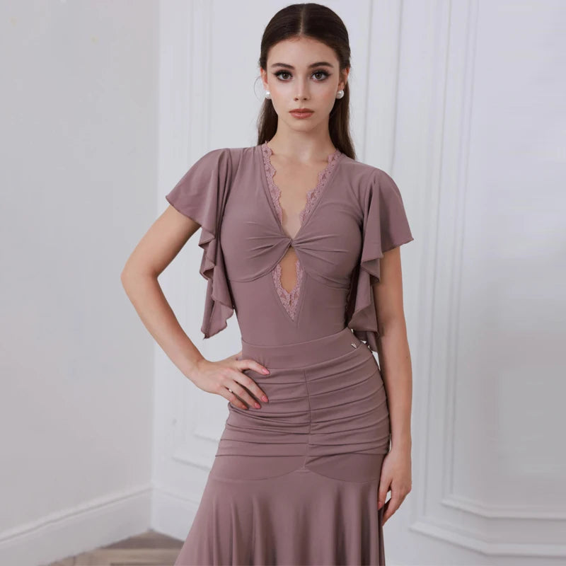 Women's Brown V-Neck Ruffle Sleeve Ruched Ballroom Dance Dress, Women's Black V-Neck Ruffle Sleeve Lace Pleated Hem Ballroom Dance Dress