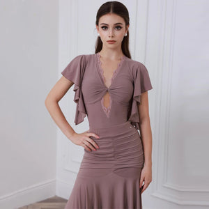 Women's Brown V-Neck Ruffle Sleeve Ruched Ballroom Dance Dress, Women's Black V-Neck Ruffle Sleeve Lace Pleated Hem Ballroom Dance Dress