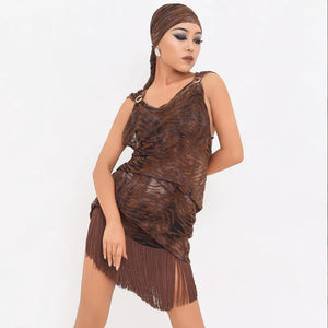 Women's Brown & Black Zebra Print Fringe Latin Dance Dress