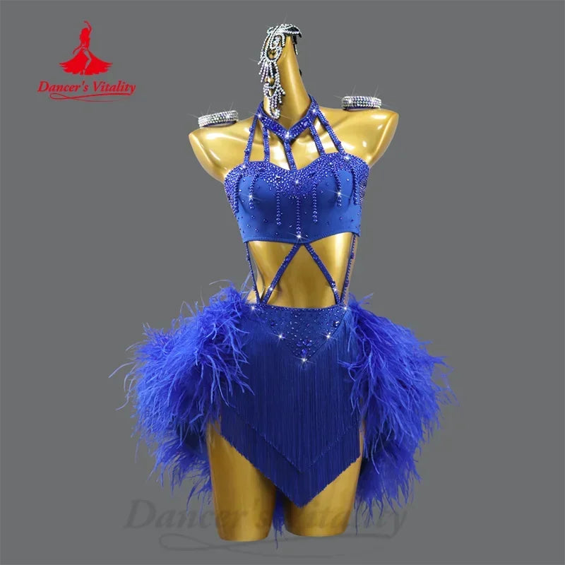 Dance Dress Women's Royal Blue Rhinestone Feather Fringe Latin Ballroom Dance Costume