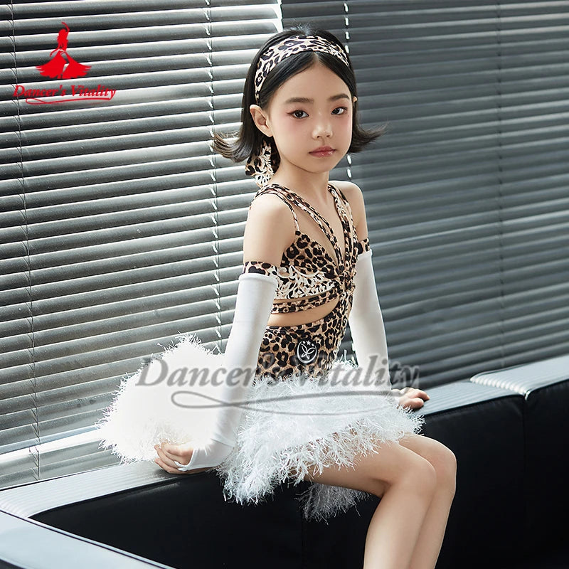 Girls' Leopard Print and White Fluffy Latin Dance Dress with Arm Sleeves