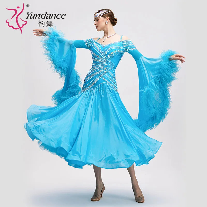 Women's Long Standard Ballroom Dance Dress With Rhinestones Satin Chiffon Blue For Competition