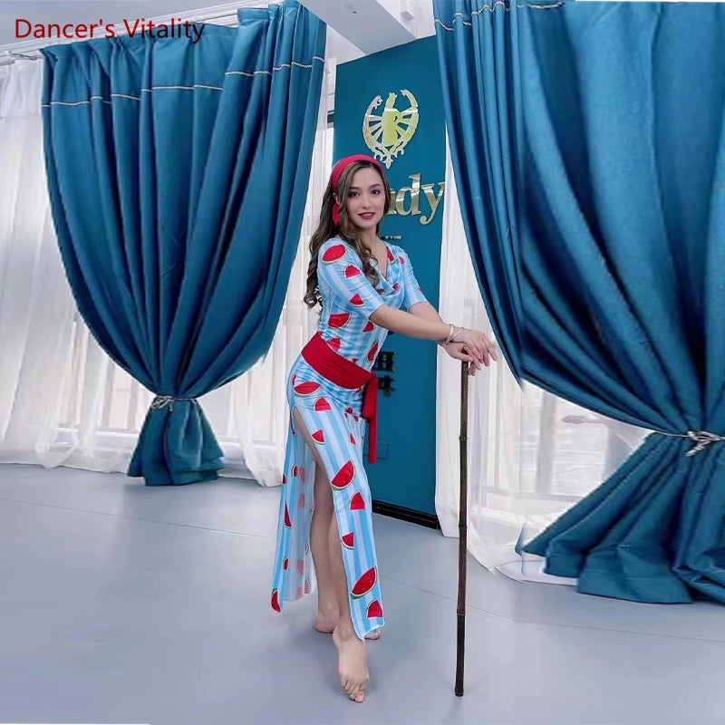 Women's Green & Red Heart Print Latin Dance Dress with Ruffled Hem