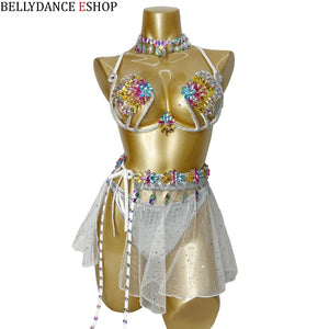 Belly Dance Women's Black and White Sequin Mesh Skirt and Rhinestone Bra Set, Carnival Festival Costume
