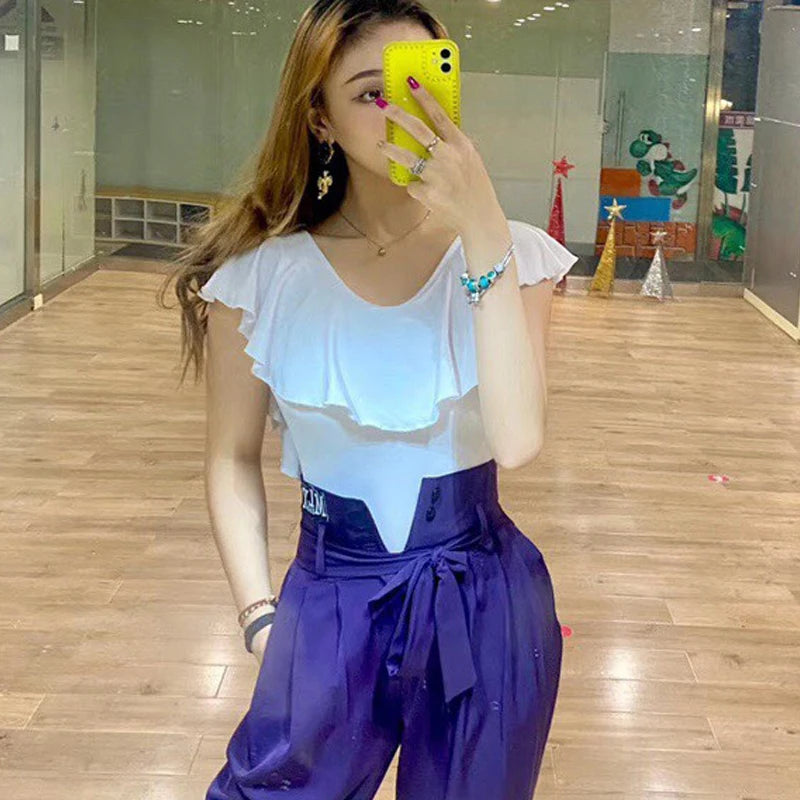 Women's Black & White Off-Shoulder Ruffle Latin Dance Top with Crisscross Back