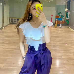 Women's Black & White Off-Shoulder Ruffle Latin Dance Top with Crisscross Back