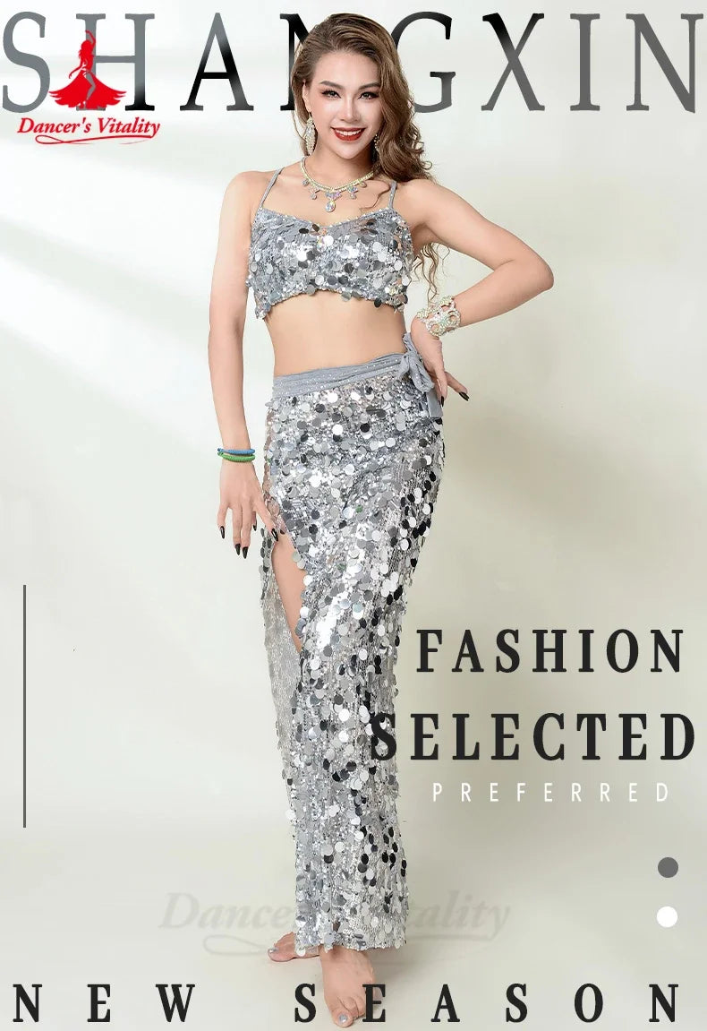 Belly Dance Costume Women Silver Sequin Crop Top and High Slit Skirt Set for Performance