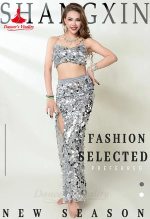 Belly Dance Costume Women Silver Sequin Crop Top and High Slit Skirt Set for Performance
