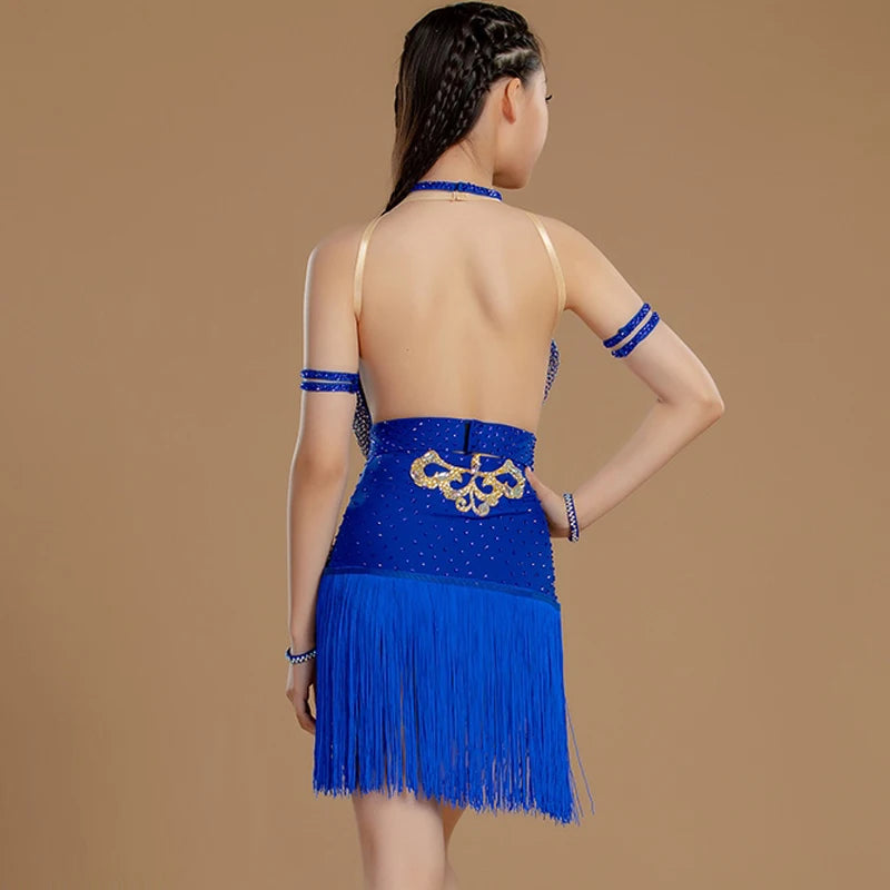 Girls' Blue Sequin Fringe Latin Dance Dress with Armbands and Choker, Halter Neck