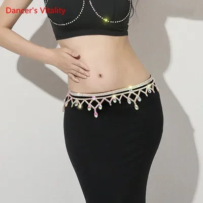 Belly Dance Belt Women's Black Sequin & Rhinestone Floral Hip Scarf with Side Slit Skirt