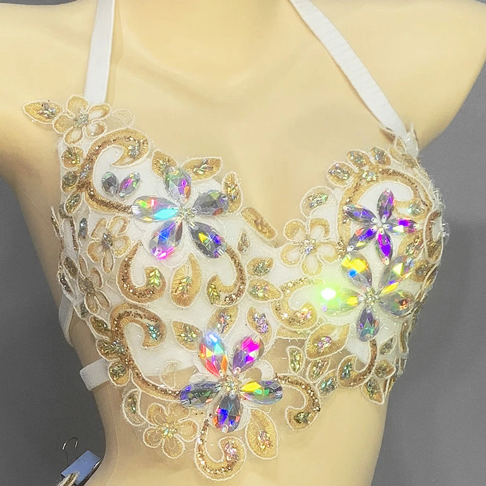 Belly Dance Women's White and Gold Sequin and Rhinestone Halter Top and Skirt Set with Sheer Overlay, Bellydance Performance Costume
