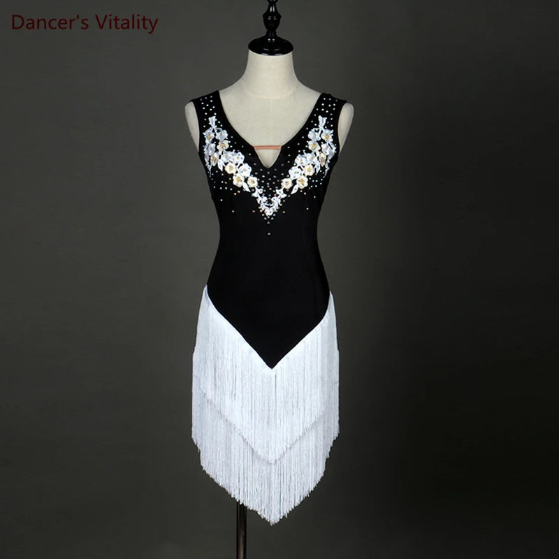 Women's Black & Neon Green Fringe Latin Dance Dress with Appliques & Rhinestones