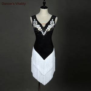 Women's Black & Neon Green Fringe Latin Dance Dress with Appliques & Rhinestones