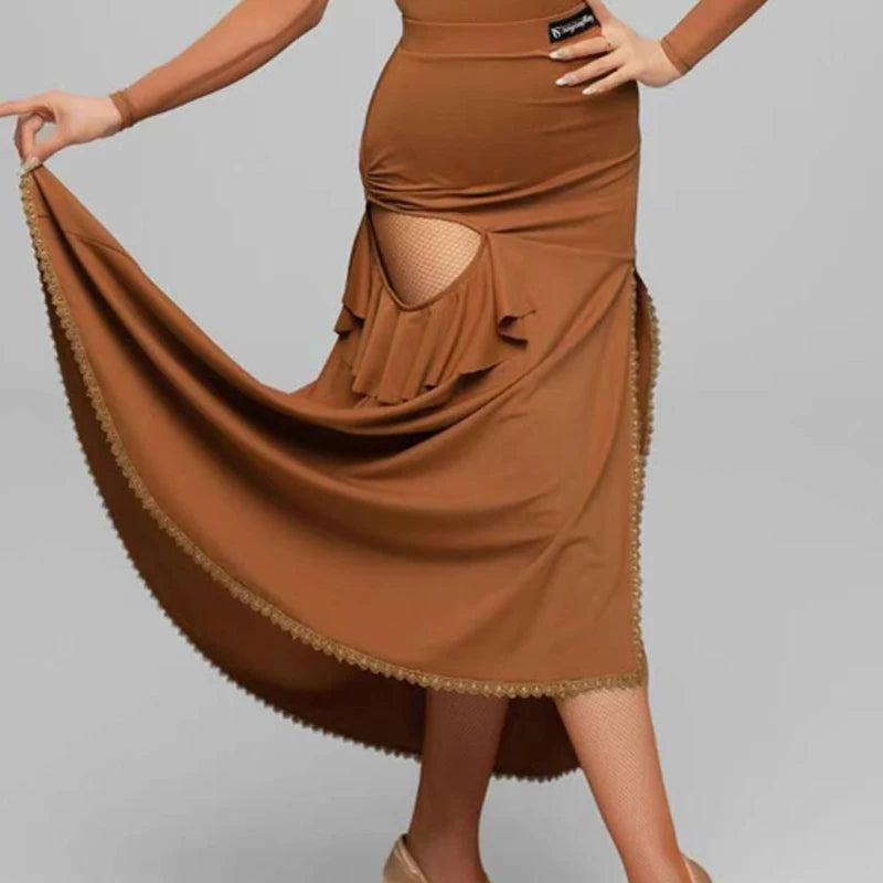 Women's White & Brown Square Neck Long Sleeve Ruffled Latin Dance Dress with Mesh Sleeves